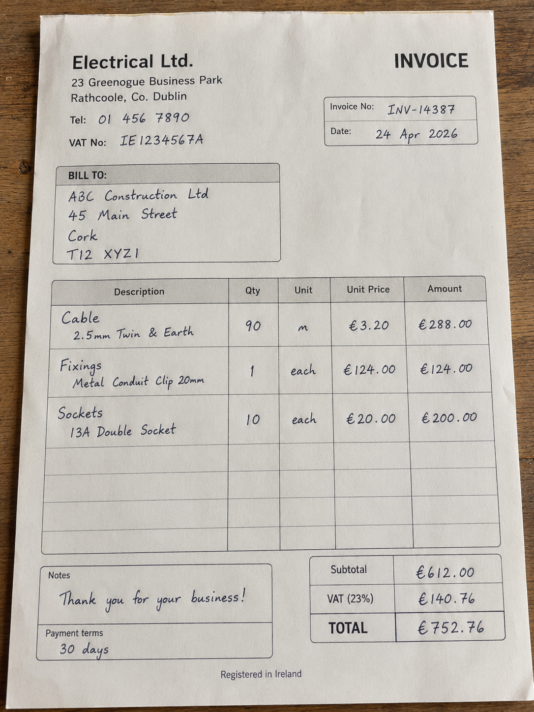Example supplier invoice with handwritten line items